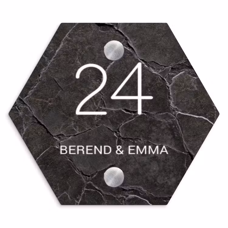 Gebarsten steen - Klassiek Naambord Hexagon klein -3d