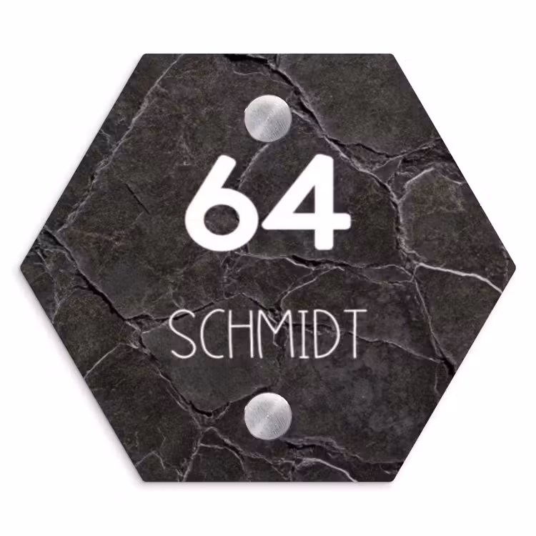 Gebarsten steen - Modern Naambord Hexagon klein -3d