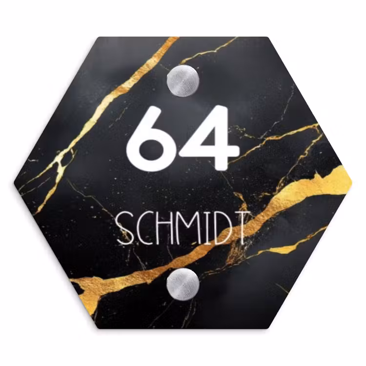 Goud zwart marmer - Modern Naambord Hexagon klein -3d
