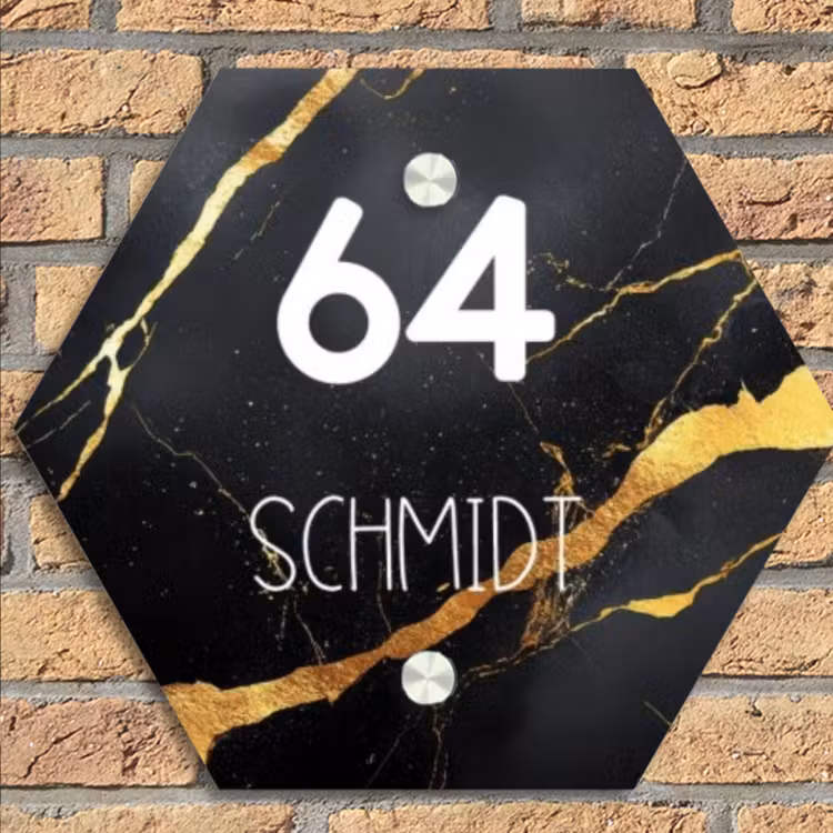 Goud zwart marmer - Modern Naambord Hexagon klein -sfeer1