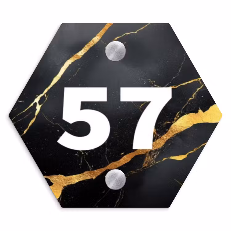 Goud zwart marmer - Modern Naambord Hexagon klein -3d