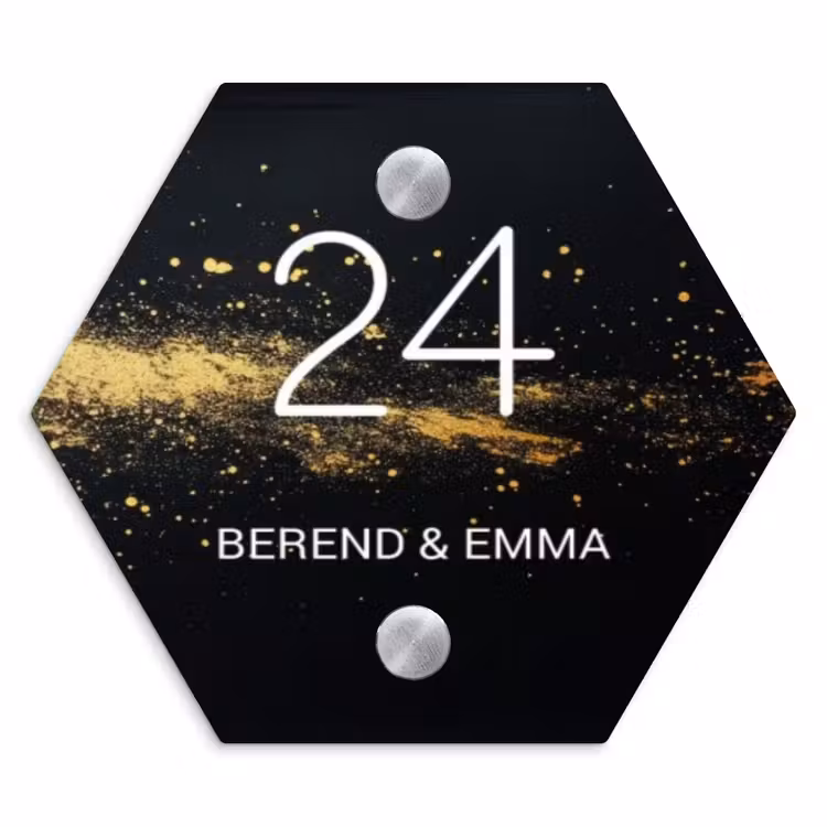 Gouden verfspatten - Klassiek Naambord Hexagon klein -3d