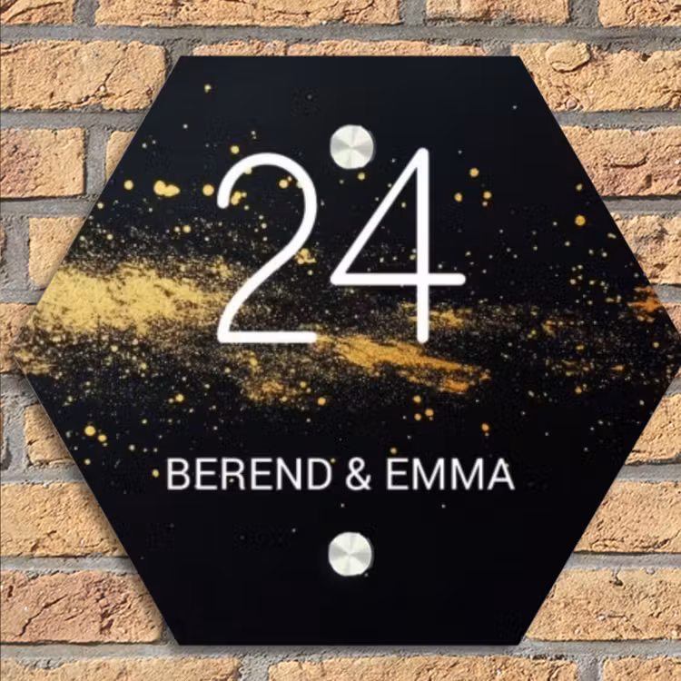 Gouden verfspatten - Klassiek Naambord Hexagon klein -sfeer1