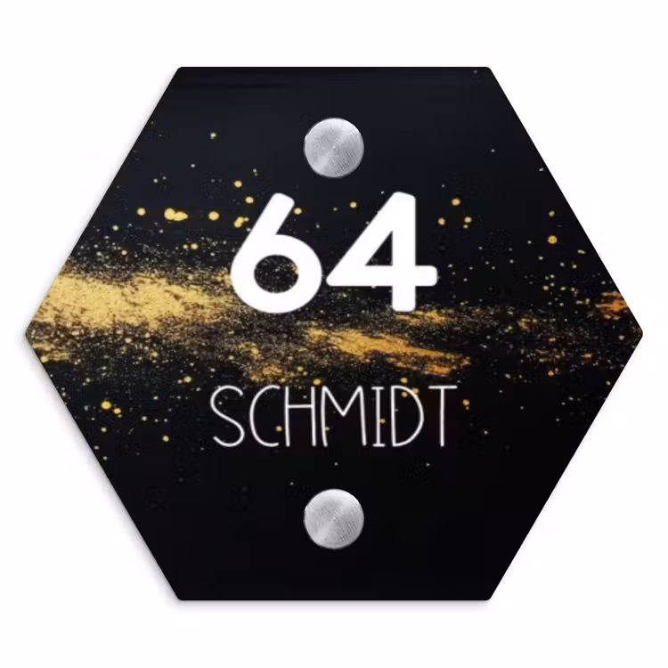 Gouden verfspatten - Modern Naambord Hexagon klein -3d