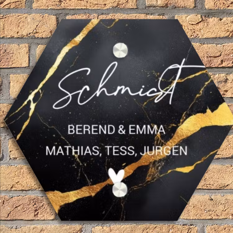 Goud zwart marmer - Sierlijk Naambord Hexagon klein -sfeer1
