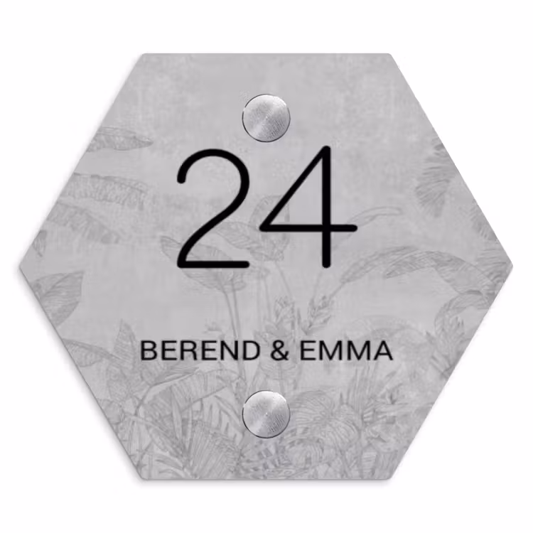 Grijs botanisch patroon - Klassiek Naambord Hexagon klein -3d