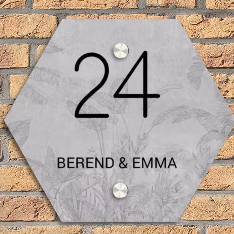 Grijs botanisch patroon - Klassiek Naambord Hexagon klein -sfeer1