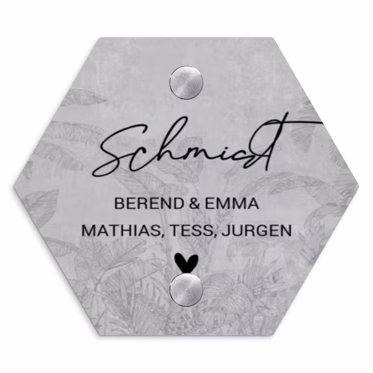 Grijs botanisch patroon - Sierlijk Naambord Hexagon klein -3d