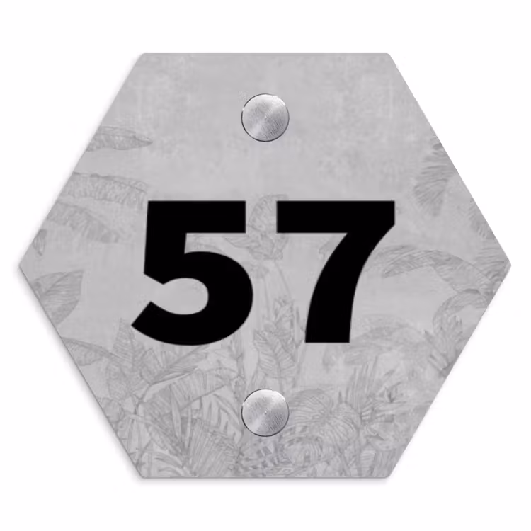 Grijs botanisch patroon - Traditioneel Naambord Hexagon klein -3d