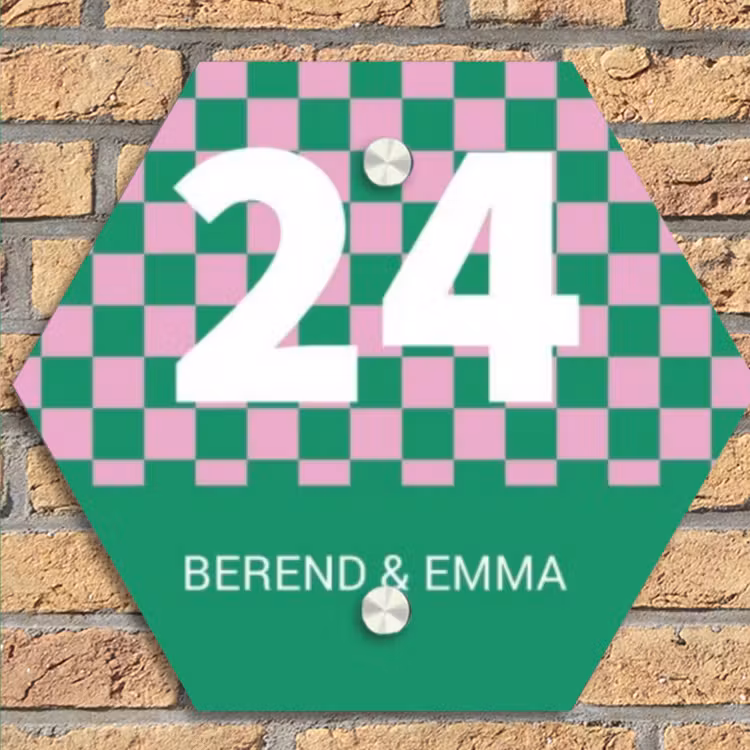Groen - Roze - Blokjes - Klassiek Naambord Hexagon klein -sfeer1