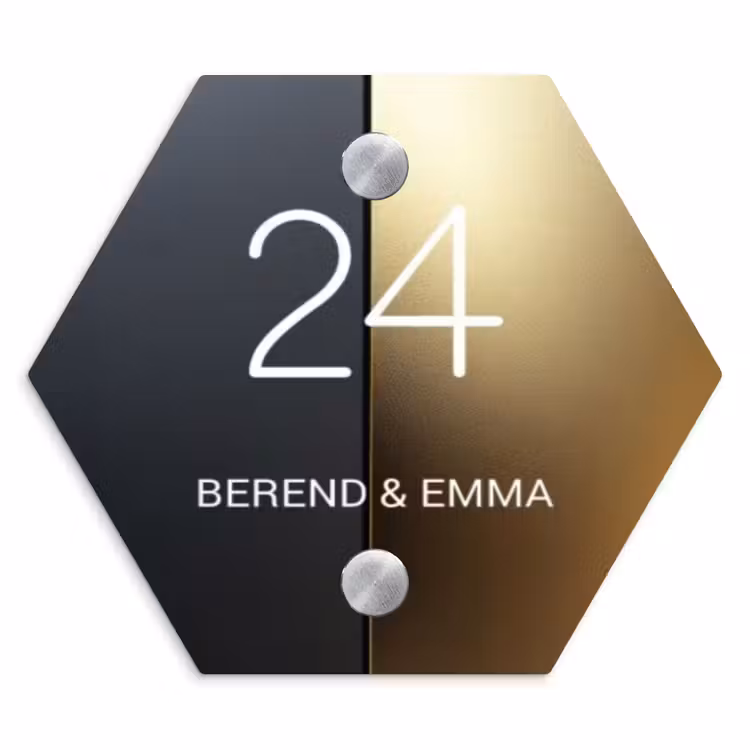 Half goud zwart - Klassiek Naambord Hexagon klein -3d