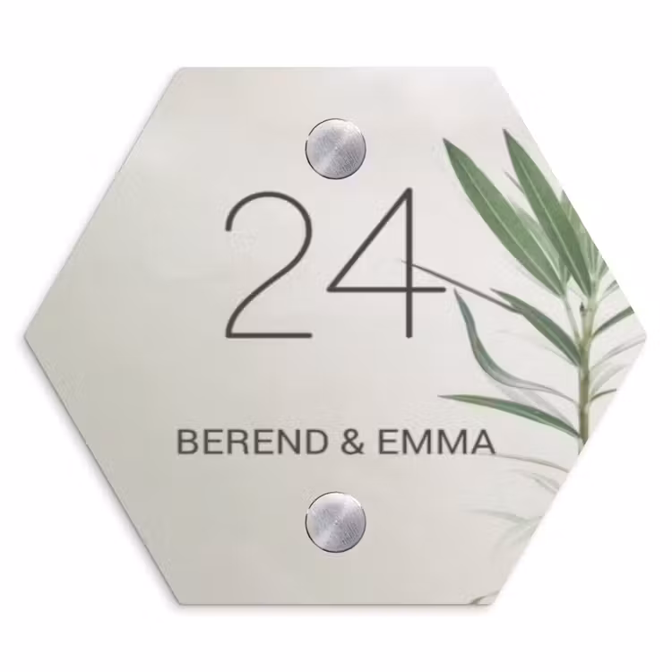 Lichtbeige met plant - Klassiek Naambord Hexagon klein -3d