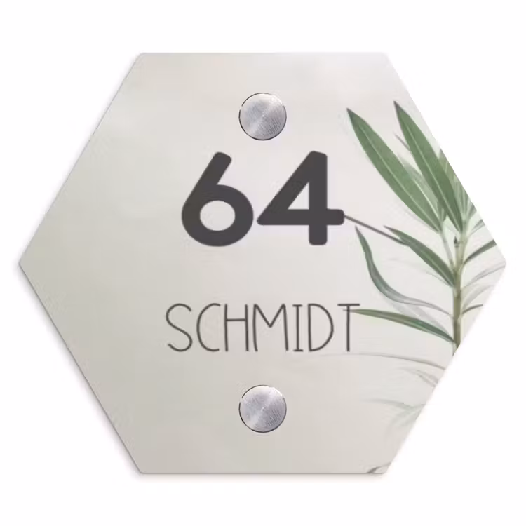 Lichtbeige met plant - Modern Naambord Hexagon klein -3d