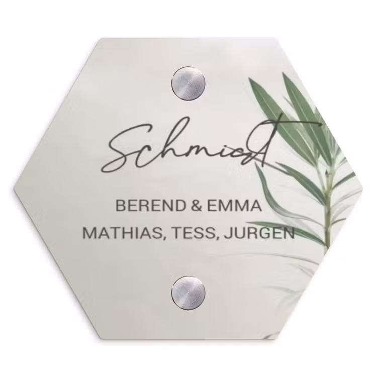 Lichtbeige met plant - Sierlijk Naambord Hexagon klein -3d
