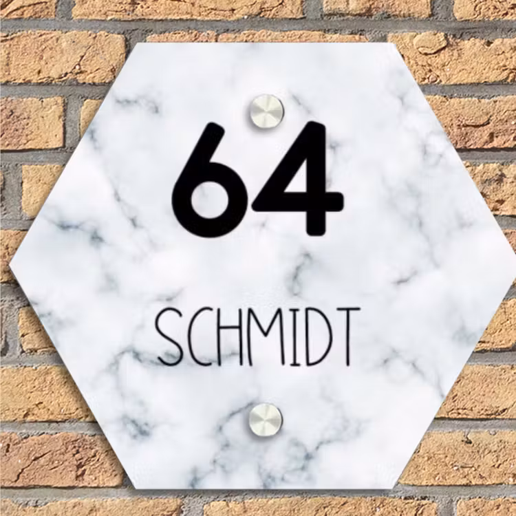 Lichtblauw marmer - Modern Naambord Hexagon klein -sfeer1