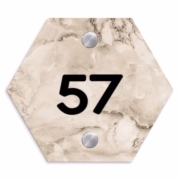 Lichtbruin marmer - Traditioneel Naambord Hexagon klein -3d