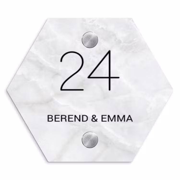 Lichtgrijs marmer - Klassiek Naambord Hexagon klein -3d
