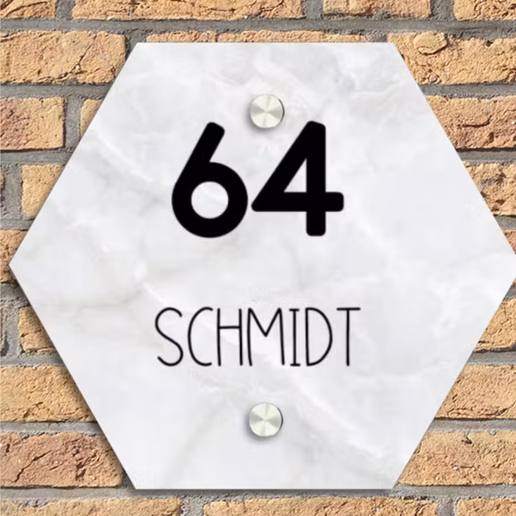 Lichtgrijs marmer - Modern Naambord Hexagon klein -sfeer1