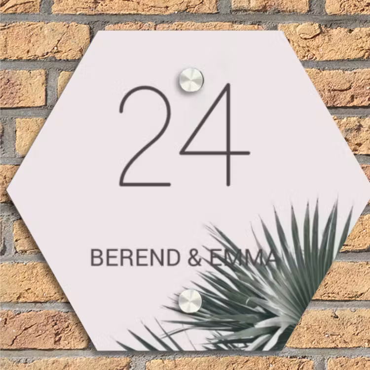 Lichtroze met palmblad - Klassiek Naambord Hexagon klein -sfeer1