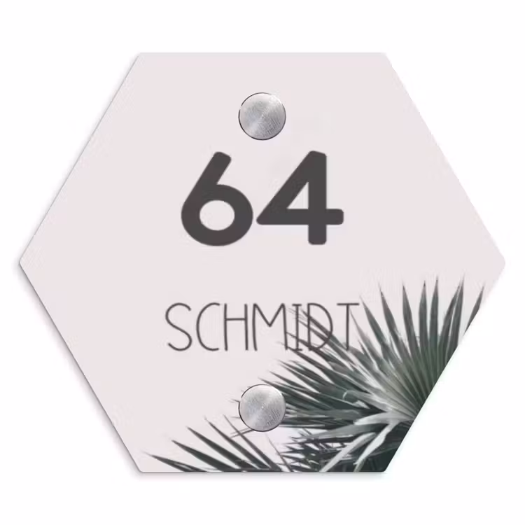 Lichtroze met palmblad - Modern Naambord Hexagon klein -3d