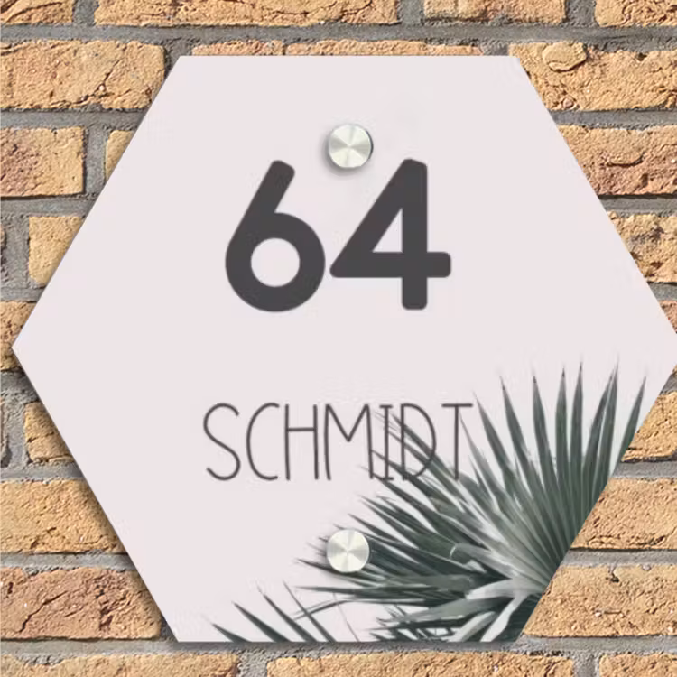 Lichtroze met palmblad - Modern Naambord Hexagon klein -sfeer1