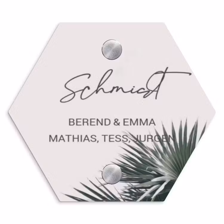 Lichtroze met palmblad - Sierlijk Naambord Hexagon klein -3d