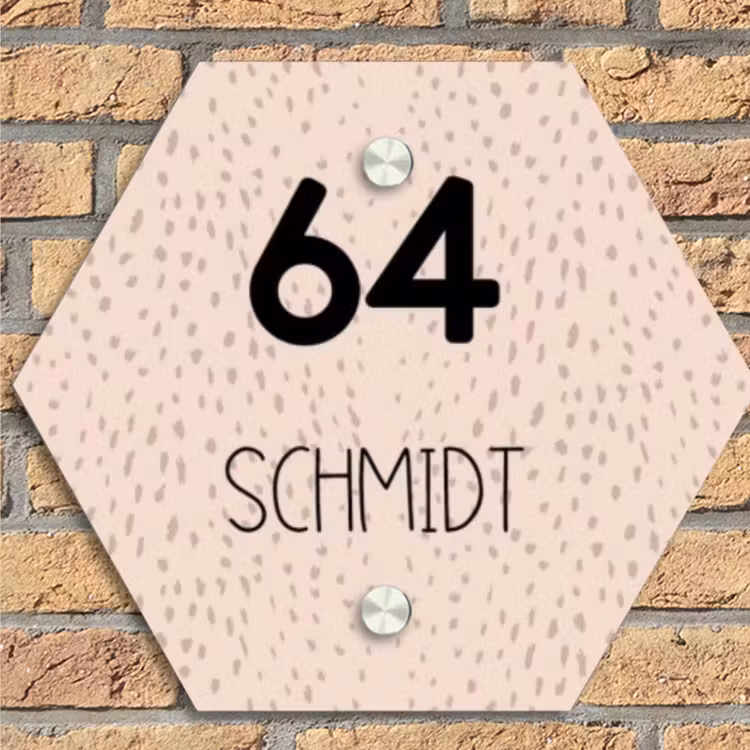 Lichtroze met stippen - Modern Naambord Hexagon klein -sfeer1