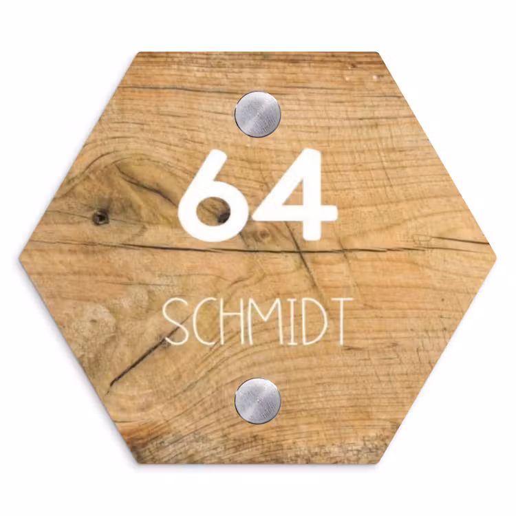 Hout - Modern Naambord Hexagon klein -3d
