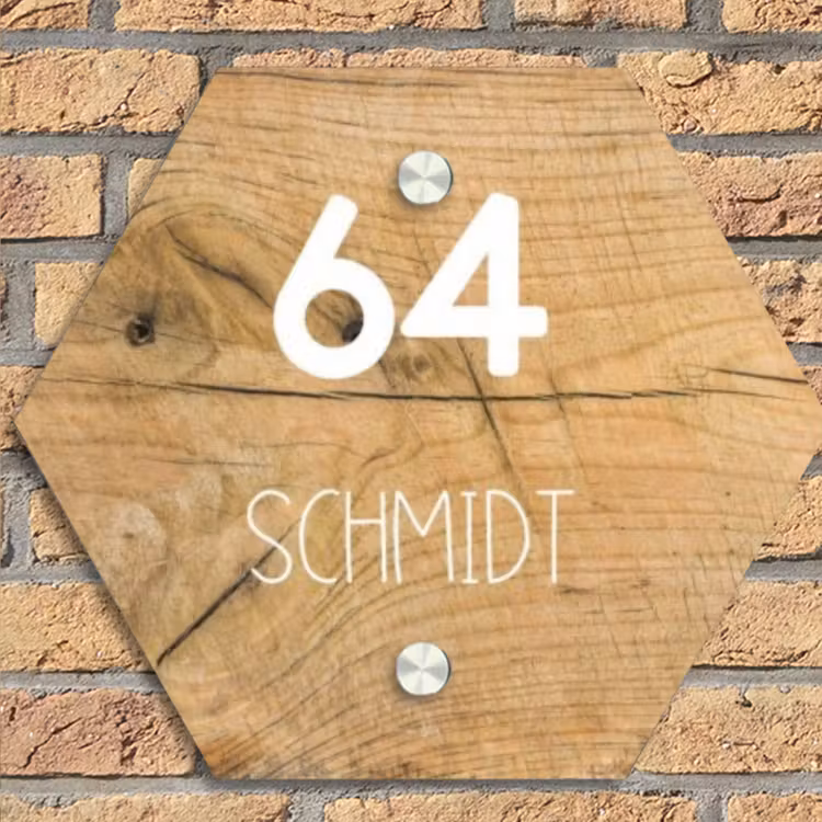 Hout - Modern Naambord Hexagon klein -sfeer1