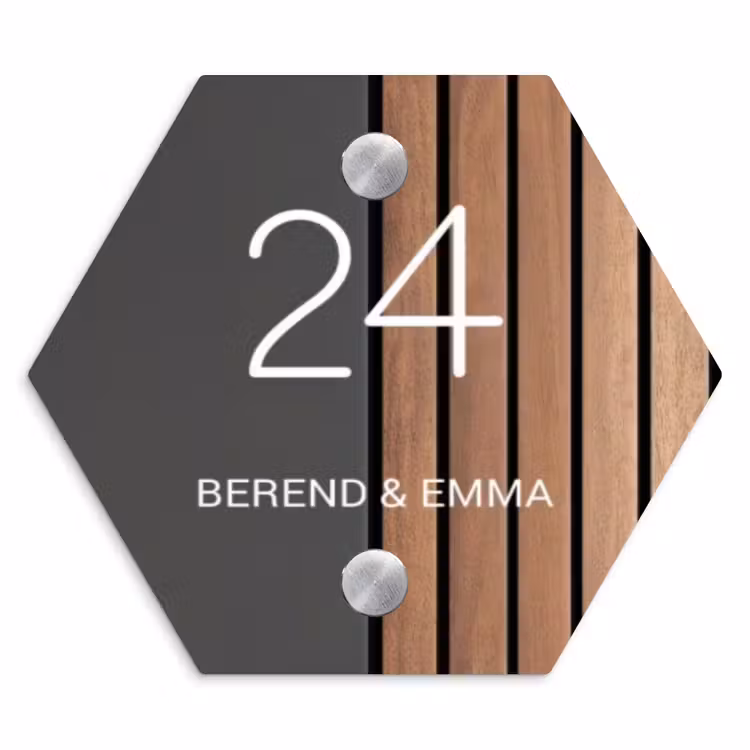 Hout en antraciet - Klassiek Naambord Hexagon klein -3d