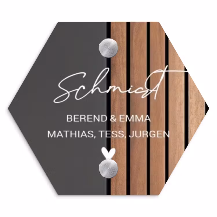 Hout en antraciet - Sierlijk Naambord Hexagon klein -3d