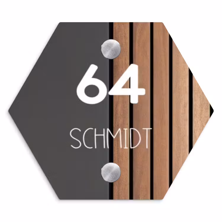Hout en antraciet - Modern Naambord Hexagon klein -3d