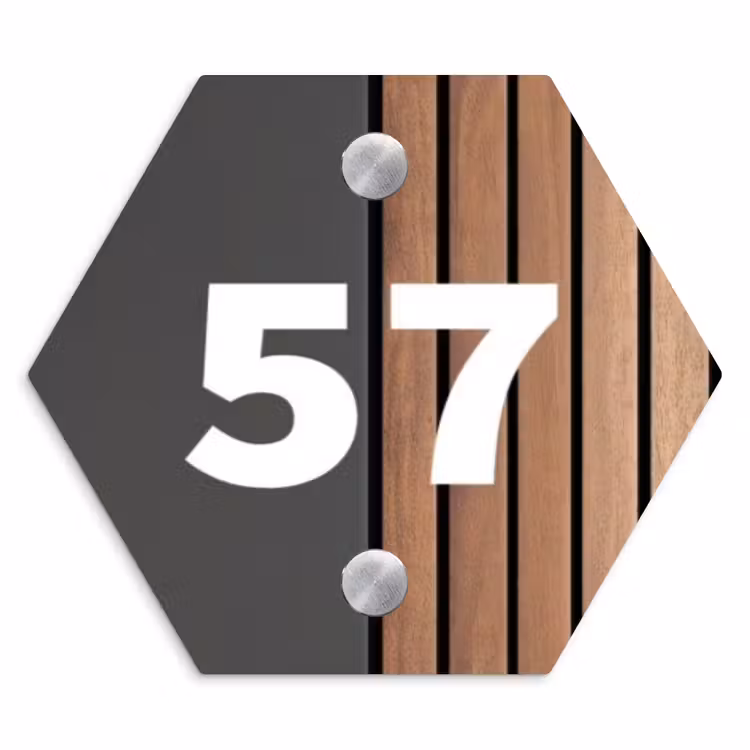 Hout en antraciet - Traditioneel Naambord Hexagon klein -3d