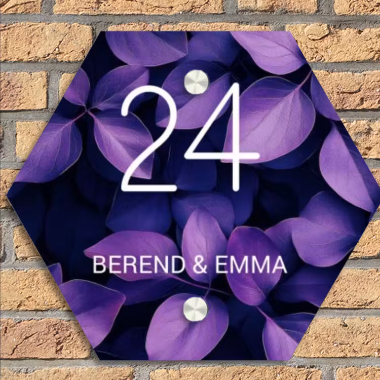 Paarse bladeren - Klassiek Naambord Hexagon klein -sfeer1