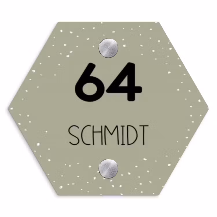 Olijfgroen met stippen - Modern Naambord Hexagon klein -3d