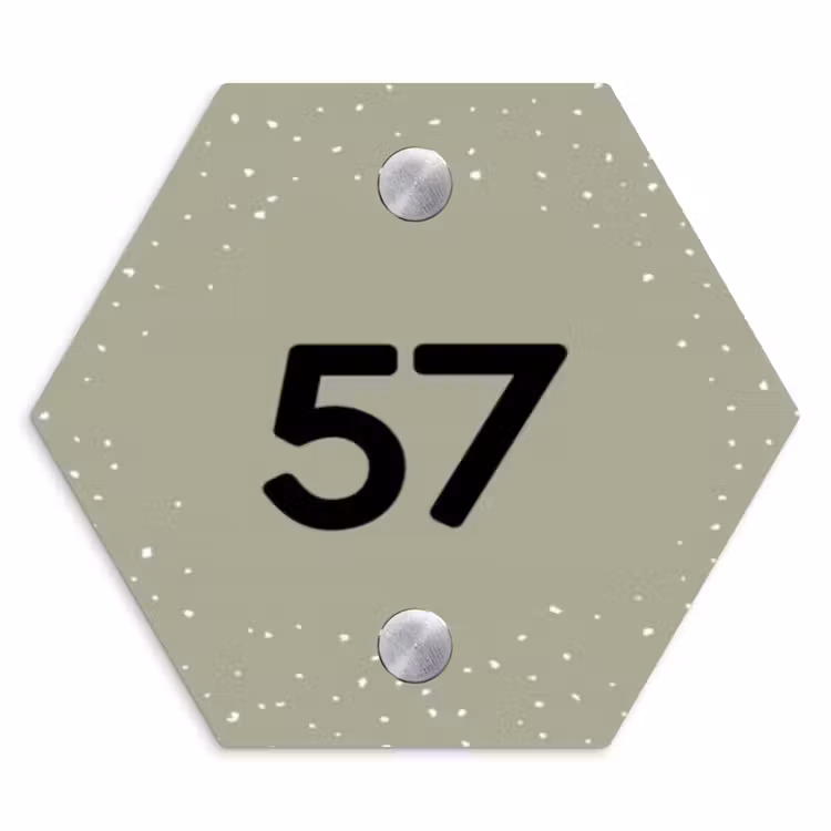 Olijfgroen met stippen - Traditioneel Naambord Hexagon klein -3d