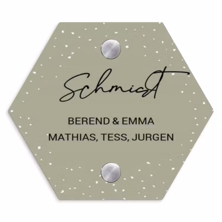 Olijfgroen met stippen - Sierlijk Naambord Hexagon klein -3d