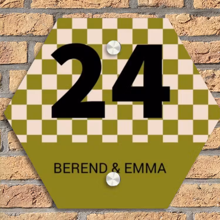 Olijfgroen - Blokjes - Klassiek Naambord Hexagon klein -sfeer1