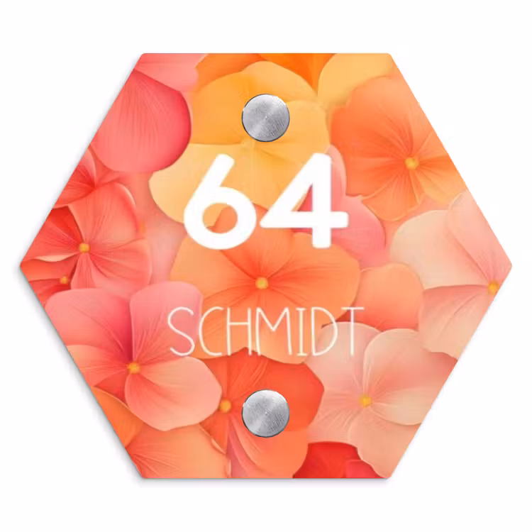 Oranje bloemenmix - Modern Naambord Hexagon klein -3d