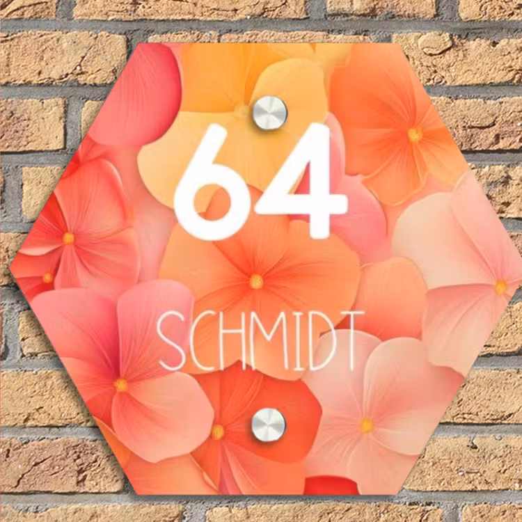 Oranje bloemenmix - Modern Naambord Hexagon klein -sfeer1