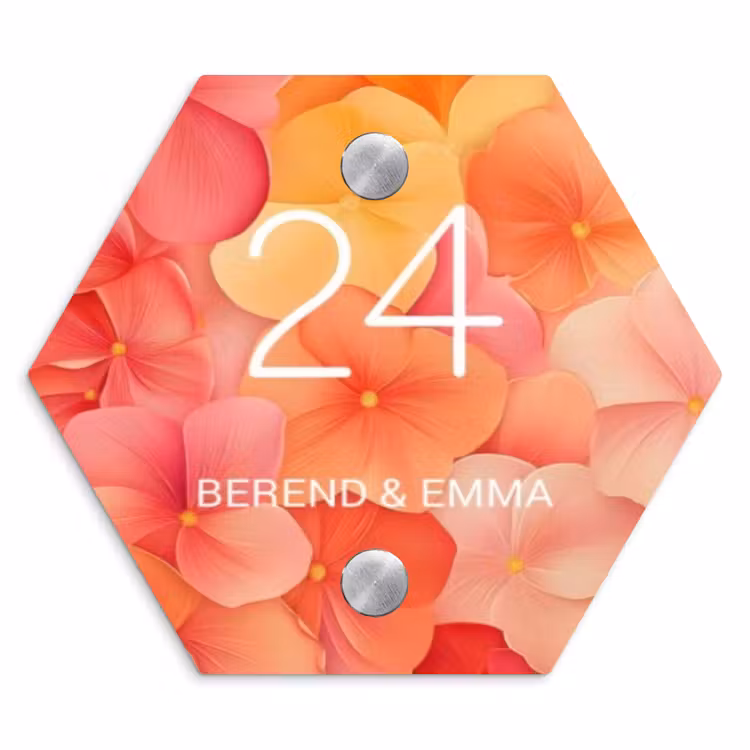 Oranje bloemenmix - Klassiek Naambord Hexagon klein -3d