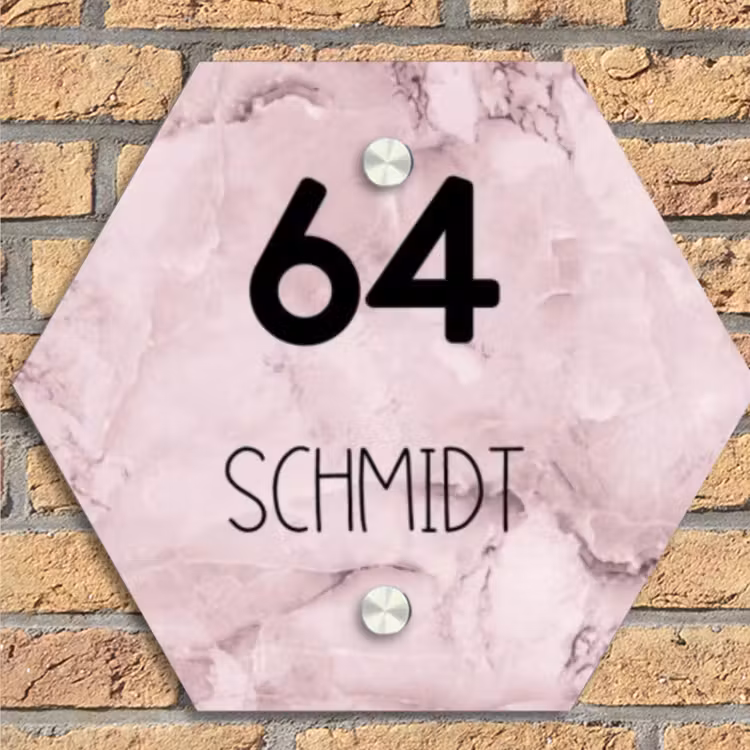 Roze marmer - Modern Naambord Hexagon klein -sfeer1