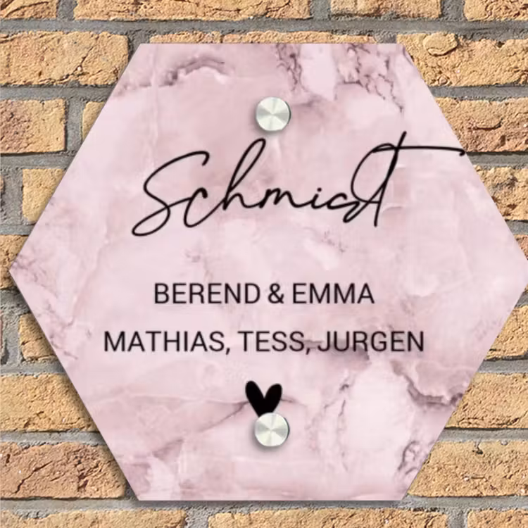Roze marmer - Sierlijk Naambord Hexagon klein -sfeer1