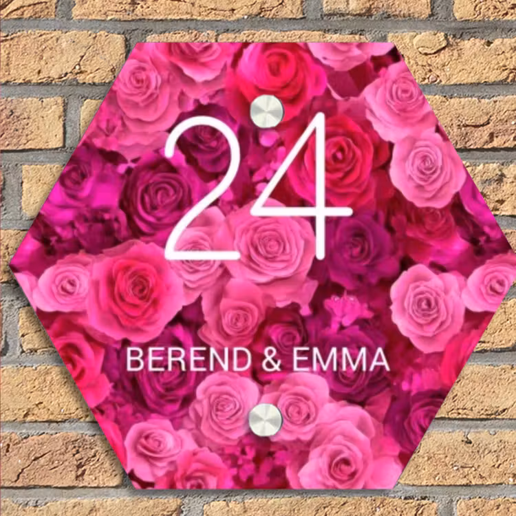 Roze rozen - Klassiek Naambord Hexagon klein -sfeer1