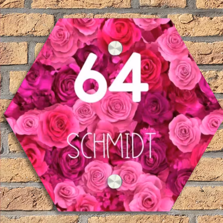 Roze rozen - Modern Naambord Hexagon klein -sfeer1