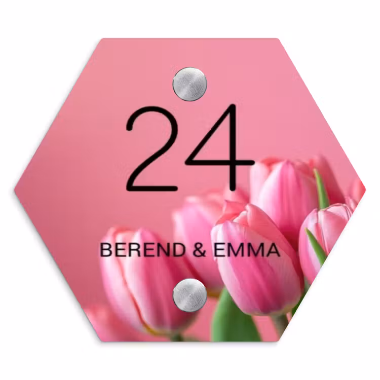 Roze tulpen - Klassiek Naambord Hexagon klein -3d