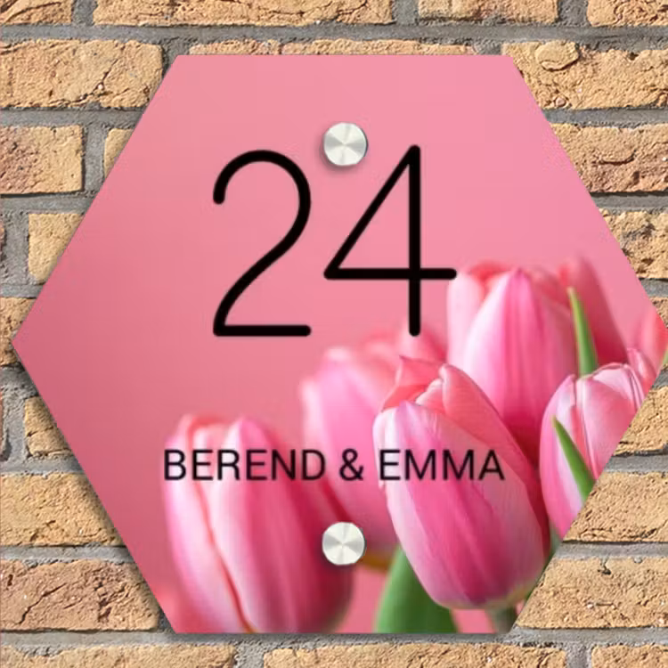 Roze tulpen - Klassiek Naambord Hexagon klein -sfeer1