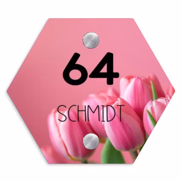 Roze tulpen - Modern Naambord Hexagon klein -3d