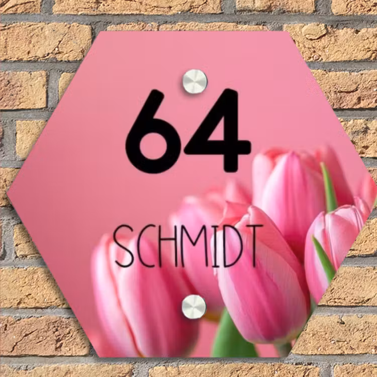 Roze tulpen - Modern Naambord Hexagon klein -sfeer1