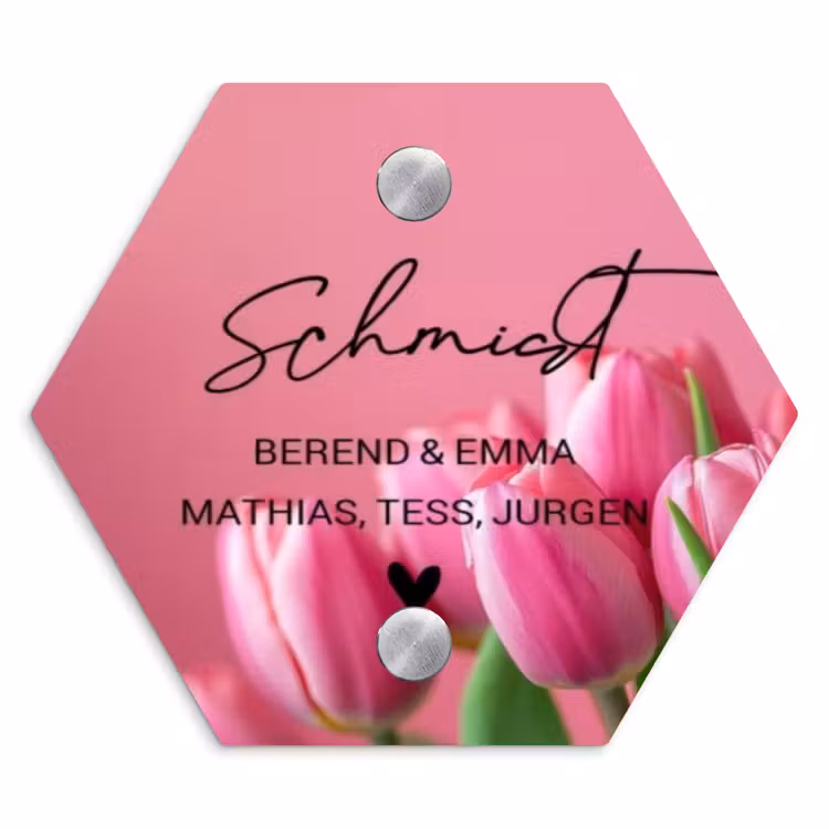 Roze tulpen - Sierlijk Naambord Hexagon klein -3d